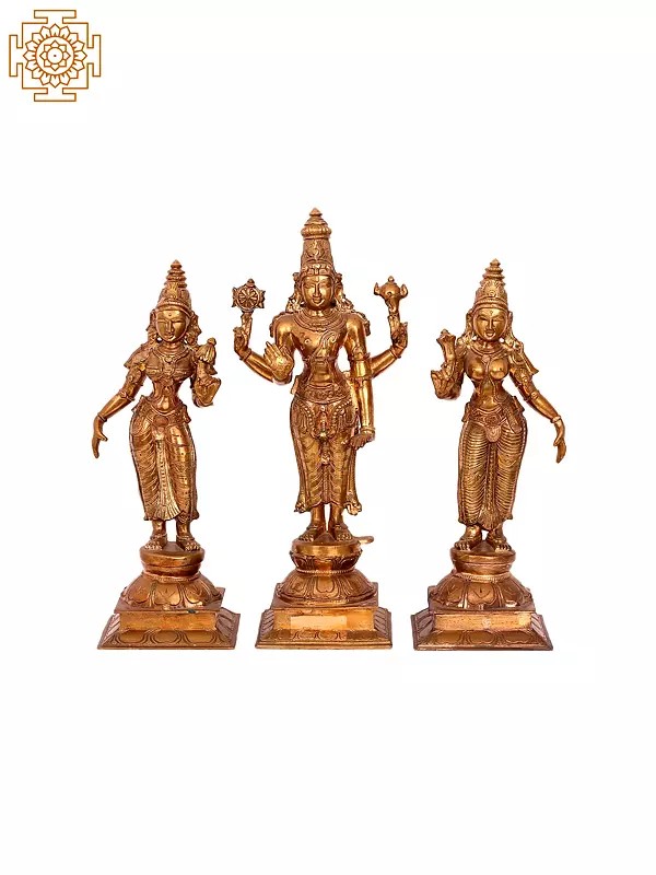 16'' Lord Perumal with Sridevi and Bhudevi | Madhuchista Vidhana (Lost-Wax) | Panchaloha Bronze from Swamimalai