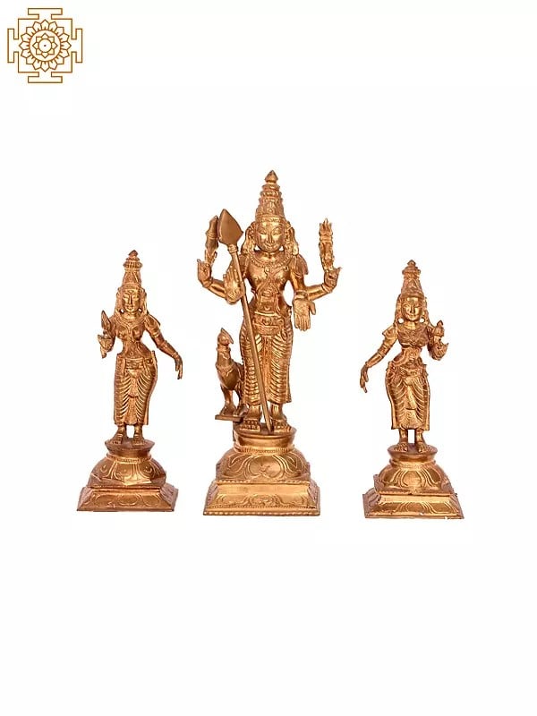 10'' Karttikeya with Devasena and Valli | Madhuchista Vidhana (Lost-Wax) | Panchaloha Bronze from Swamimalai