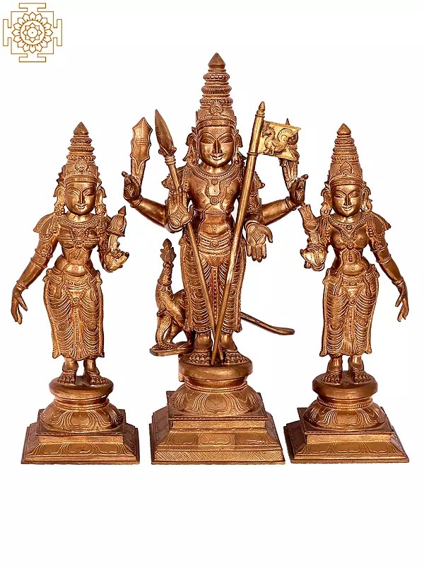 22'' Karttikeya with Devasena And Valli | Madhuchista Vidhana (Lost-Wax) | Panchaloha Bronze from Swamimalai