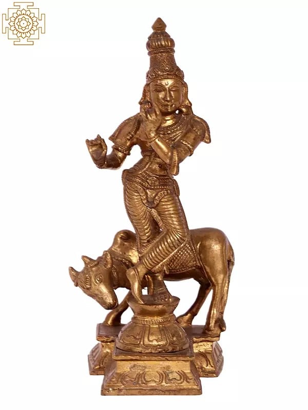 8'' Lord Krishna with Cow | Madhuchista Vidhana (Lost-Wax) | Panchaloha Bronze from Swamimalai