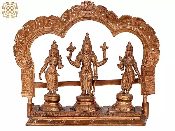 11'' Lord Perumal with Sridevi and Bhudevi | Madhuchista Vidhana (Lost-Wax) | Panchaloha Bronze from Swamimalai