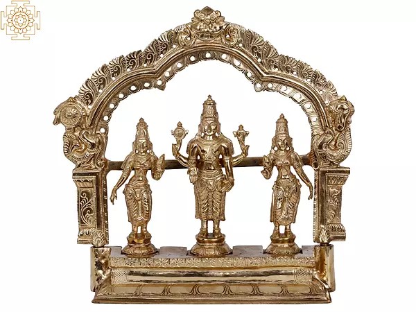 13'' Lord Perumal with Sridevi and Bhudevi | Madhuchista Vidhana (Lost-Wax) | Panchaloha Bronze from Swamimalai