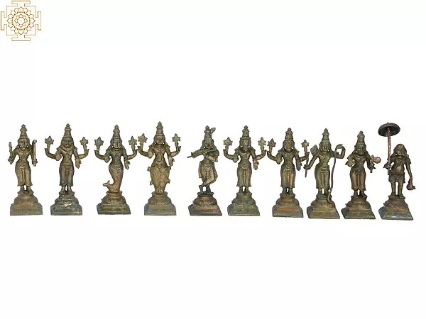 6'' Dashavatara (Ten Incarnations of Lord Vishnu) | Madhuchista Vidhana (Lost-Wax) | Panchaloha Bronze from Swamimalai
