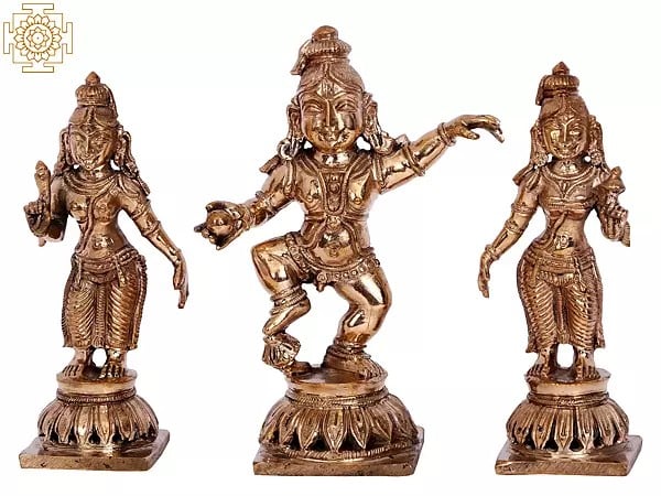 5'' Bhagawan Krishna with Rukmini and Satyabhama | Madhuchista Vidhana (Lost-Wax) | Panchaloha Bronze from Swamimalai