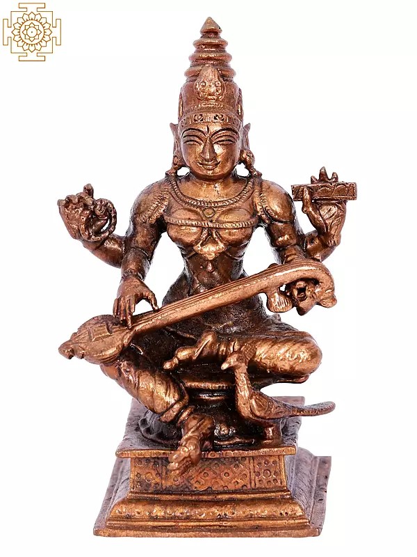 4'' Small Goddess Saraswati | Madhuchista Vidhana (Lost-Wax) | Panchaloha Bronze from Swamimalai