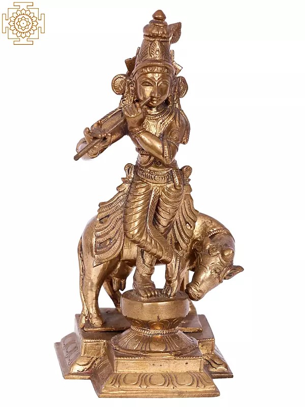 6.5" Fluting Krishna with His Cow | Madhuchista Vidhana (Lost-Wax) | Panchaloha Bronze from Swamimalai