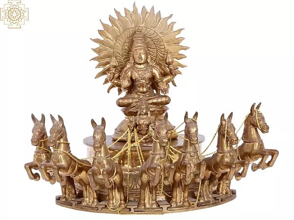13" Lord Surya on His Seven Horses Chariot - Panchaloha Bronze Statue