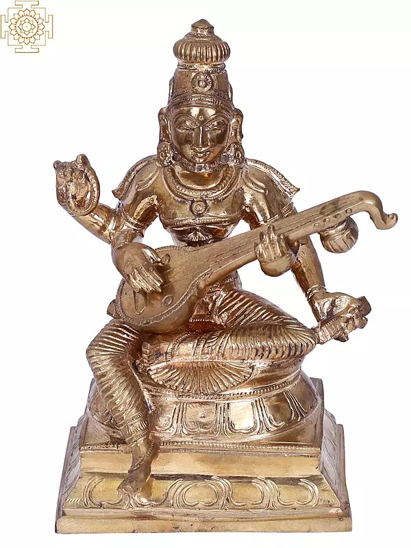 6" Sitting Goddess Saraswati Bronze Statue | Madhuchista Vidhana (Lost-Wax) | Panchaloha Bronze from Swamimalai