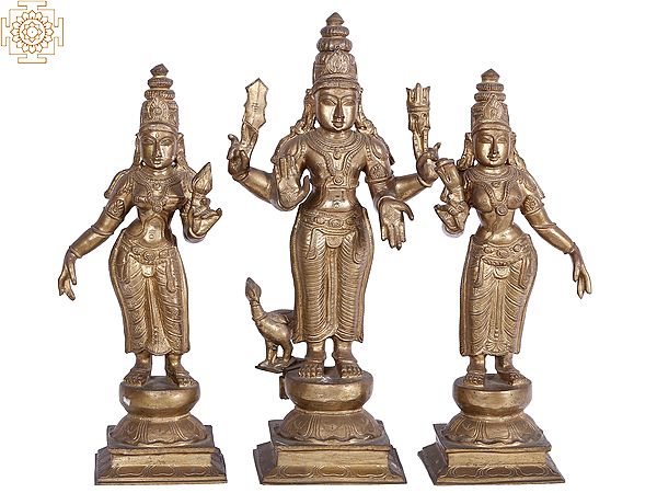 19'' Subramanya (Kartikeya) with Devasena and Valli Panchaloha Bronze Statue