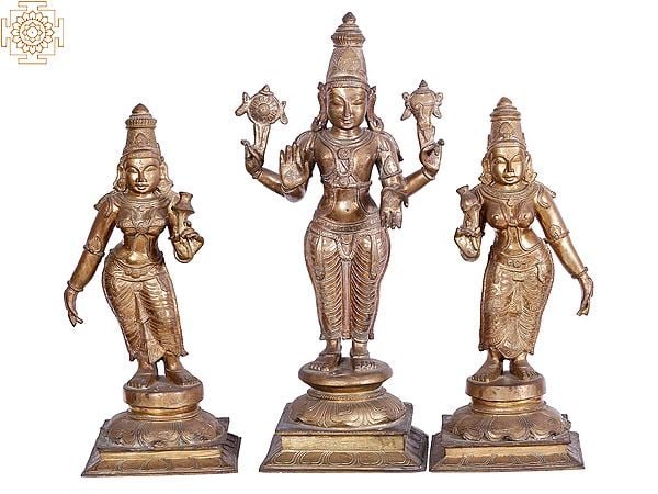 25'' Lord Perumal with Sridevi and Bhudevi | Madhuchista Vidhana (Lost-Wax) | Panchaloha Bronze from Swamimalai
