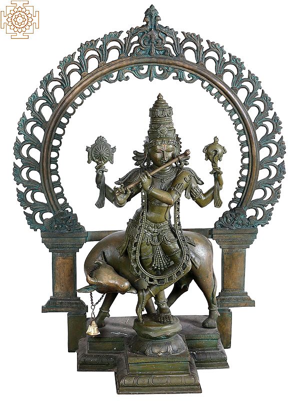 45'' Lord Venugopal (Krishna) Playing Flute with Cow | Madhuchista Vidhana (Lost-Wax) | Panchaloha Bronze from Swamimalai