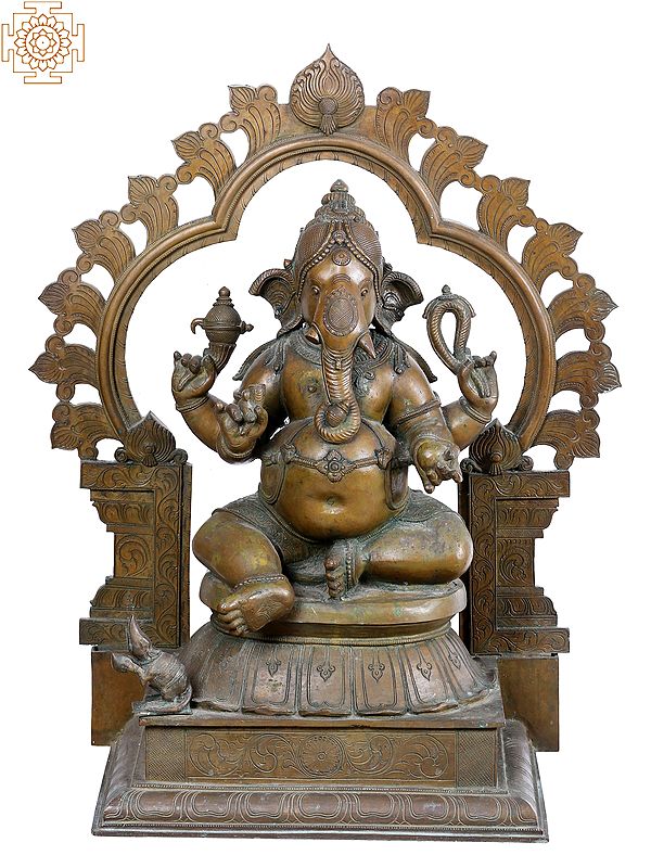 31'' Lord Ganesha Panchaloha Bronze Statue Seated on Throne from Swamimalai