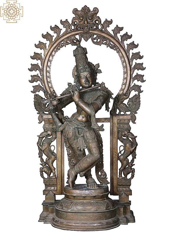 60'' Large Standing Lord Krishna Panchaloha Bronze Statue Playing Flute