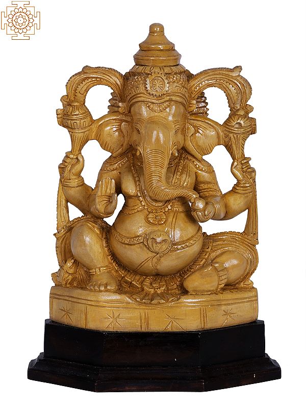 10" Wooden Ganesha Statue in Regal Pose