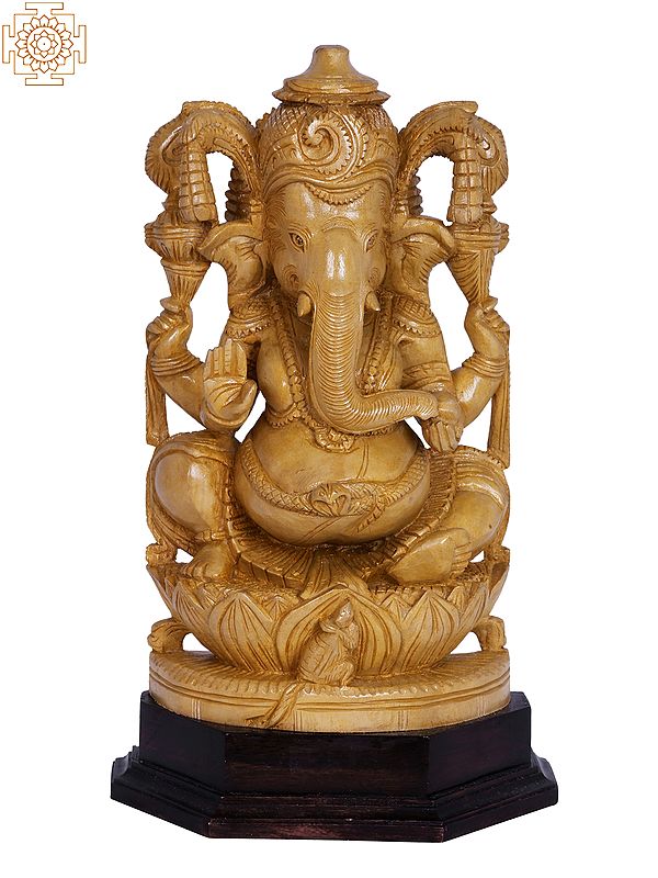 12" Wooden Ganesha Figurine Sitting on Lotus