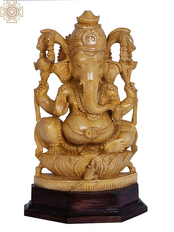 12" Wooden Ganesha Statue Sitting on Lotus