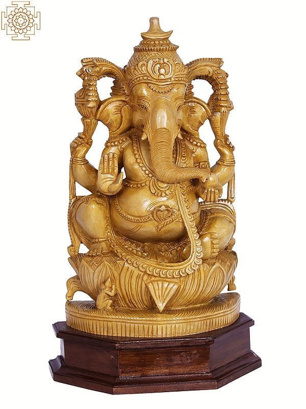 16" Wooden Ganesha Idol Sitting on Lotus
