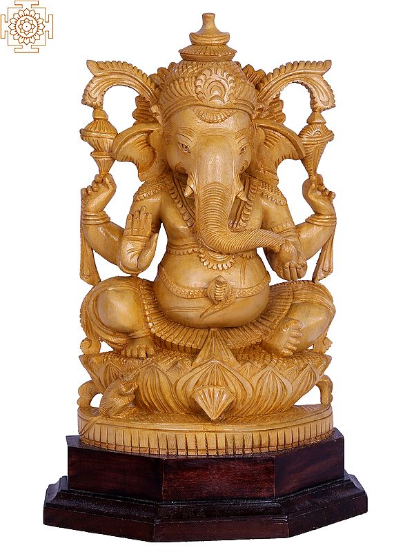12" Wooden Ganesha Statue in Abhaya Mudra