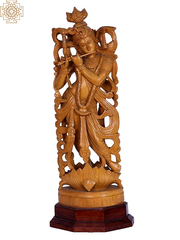 23" Wooden Lord Krishna Idol Standing on Lotus Pedestal