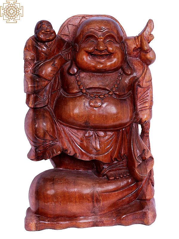 20" Wooden Laughing Buddha Sculpture