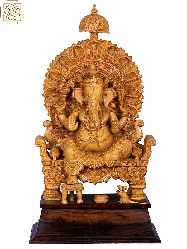 Wooden Lord Ganesha Statue Seated on Throne