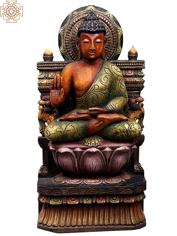 24" Wooden Blessing Buddha Idol Seated on Lotus