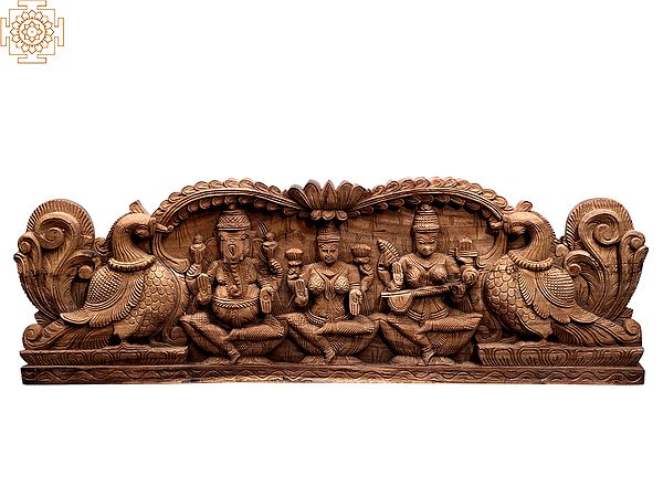 36" Large Wooden Ganesha Lakshmi Saraswati Panel