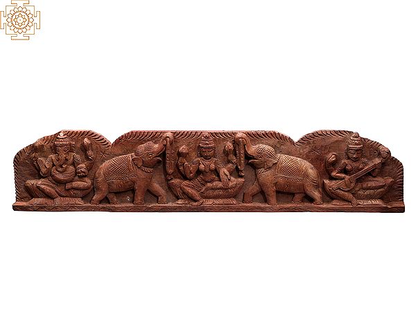 36" Large Wooden Ganesha Gaja Lakshmi Saraswati Panel