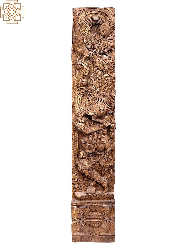 36" Large Wooden Lord Ganesha Playing Flute Wall Panel