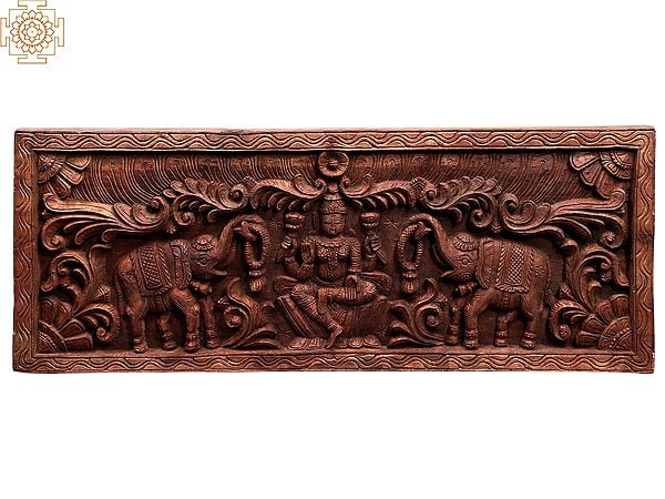 36" Large Wooden Gaja Lakshmi Wall Panel Seated on Lotus