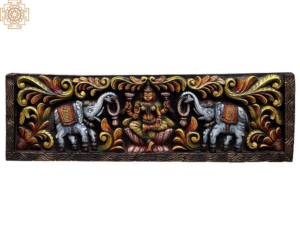 36" Colorful Gaja Lakshmi Large Wooden Wall Panel