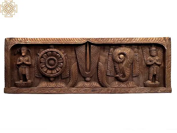 Large Wooden Wall Panel: Conch, Tilak, Chakra, Hanuman, and Garuda