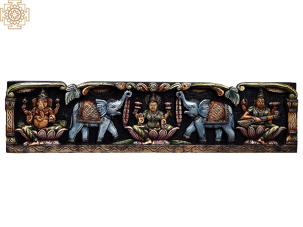 35" Large Wooden Colorful Ganesha, Gaja Lakshmi and Saraswati Wall Panel