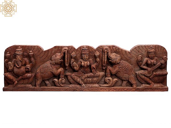 32" Large Wooden Ganesha, Gaja Lakshmi and Saraswati Wall Panel