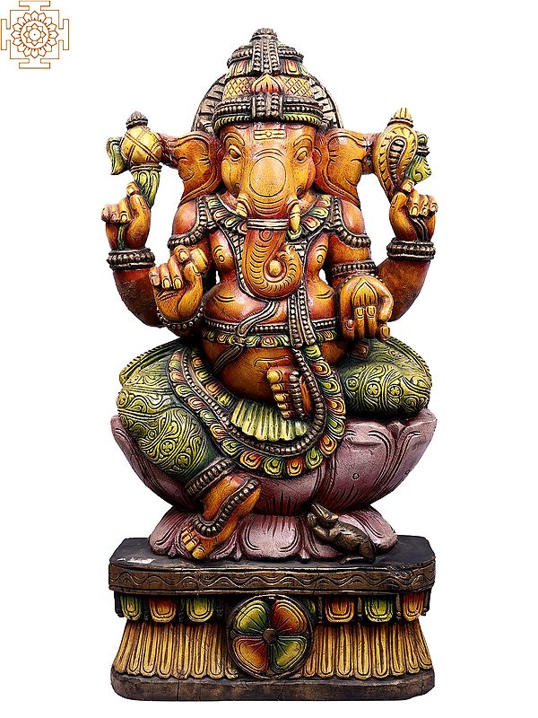 35" Large Wooden Four Hands Lord Ganesha Idol Seated on Lotus