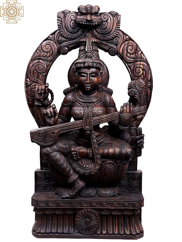 36" Large Wooden Devi Saraswati Sculpture
