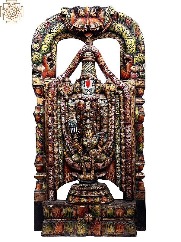 37" Large Lord Tirupati Balaji Wooden Statue with Goddess Lakshmi