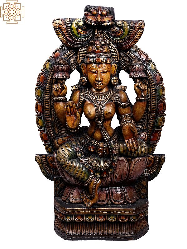 35" Large Wooden Goddess Lakshmi Idol Seated on Lotus