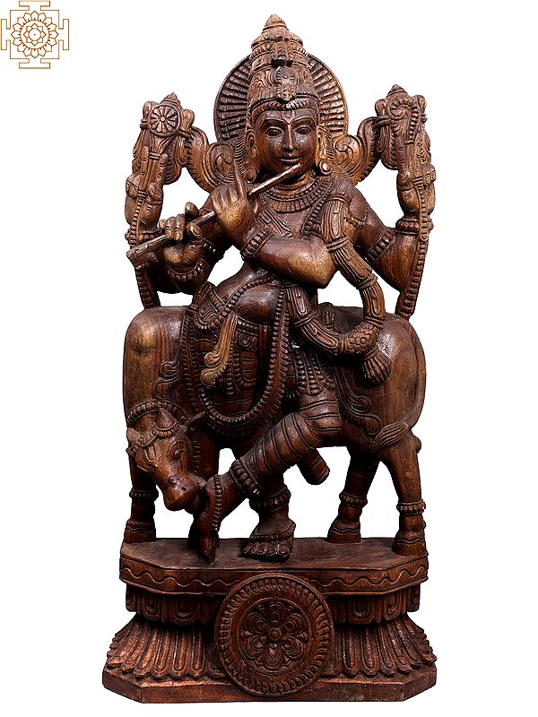 37" Large Wooden Lord Venugopal Idol (Krishna) Playing Flute with Cow