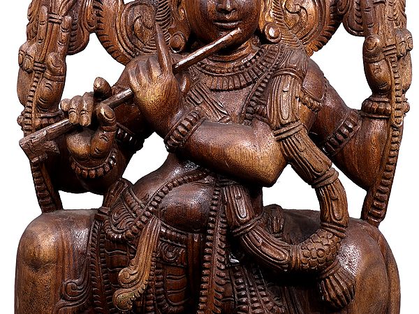 37 Large Wooden Lord Venugopal Krishna Playing Flute With Cow