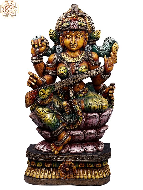 36" Goddess Saraswati Large Wooden Statue Sitting on Lotus