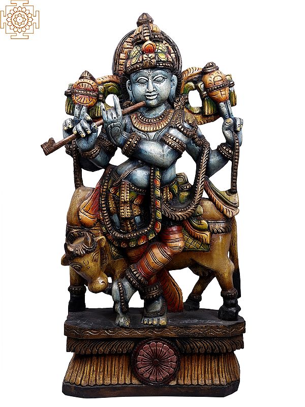 36" Large Wooden Standing Lord Krishna Playing Flute with Cow