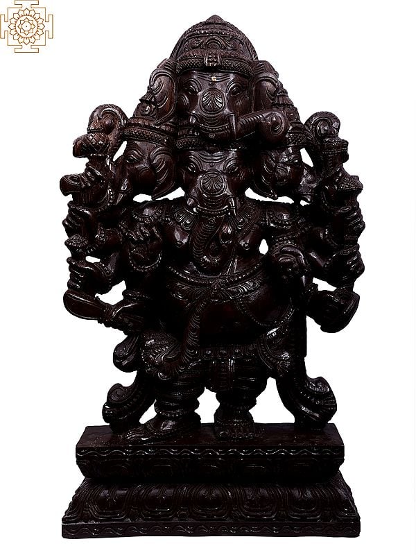 36" Large Wooden Five Heads Heramba Ganesha Statue