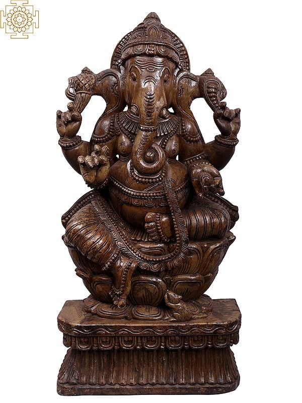 36" Large Wooden Sitting Chaturbhuja Lord Ganesha