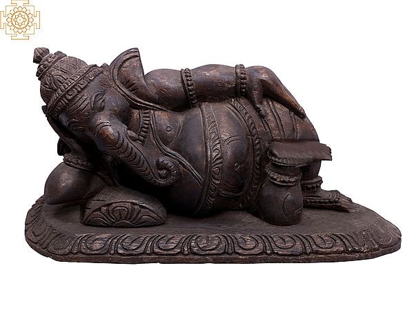 18" Wooden Relaxing Lord Ganesha Sculpture