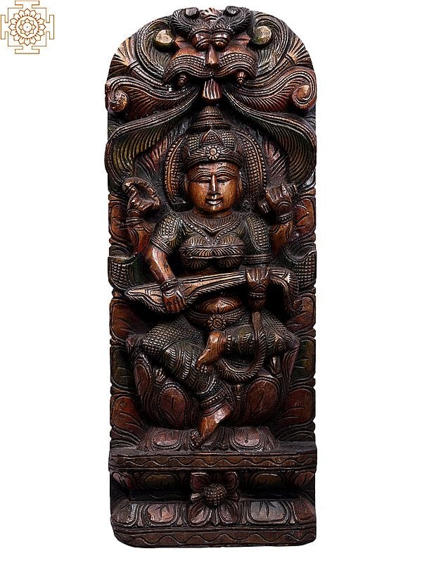 30" Wooden Goddess Saraswati Sculpture