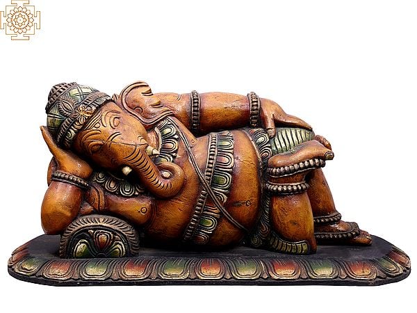 28" Wooden Sleeping Ganesha Sculpture
