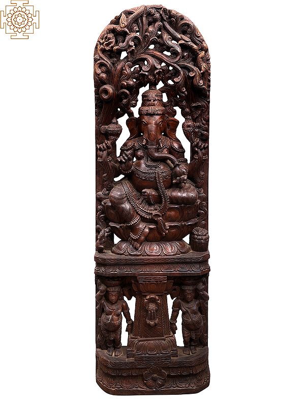 60" Large Wooden Statue of Chaturbhuja Lord Ganesha