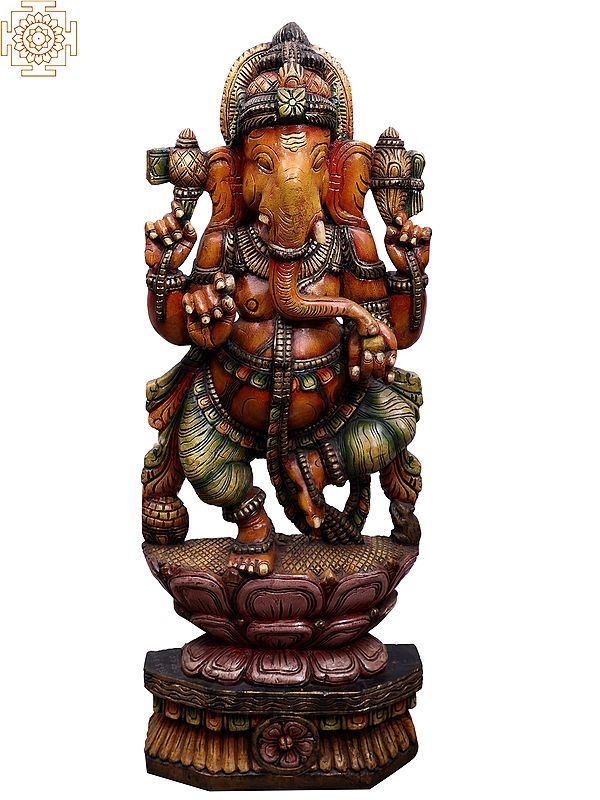 47" Large Wooden Idol of Dancing Lord Ganesha on Lotus