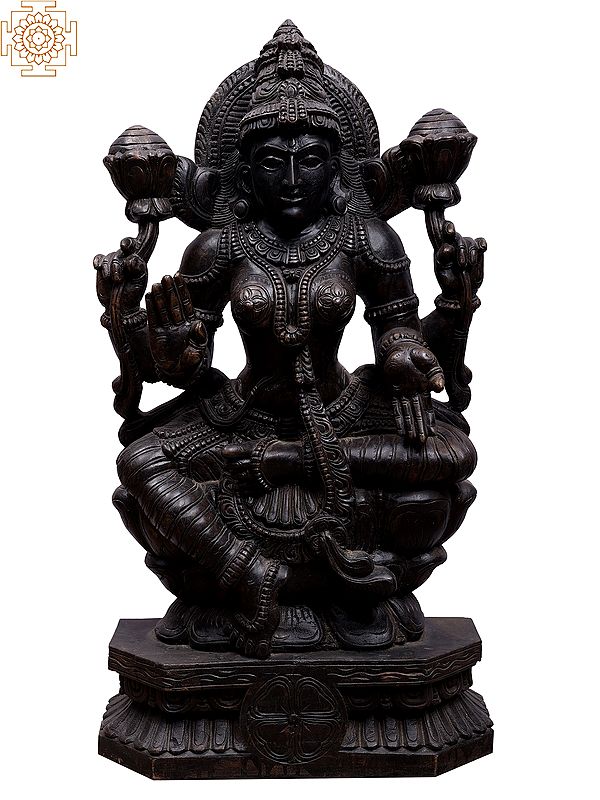 34" Large Wooden Statue of Goddess Lakshmi Seated on Lotus